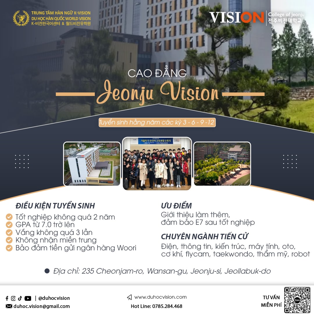 TUYỂN SINH DU HỌC HỆ TIẾNG TRƯỜNG CĐ JEONJU VISION (TOP 3) – KỲ THÁNG 09/2023