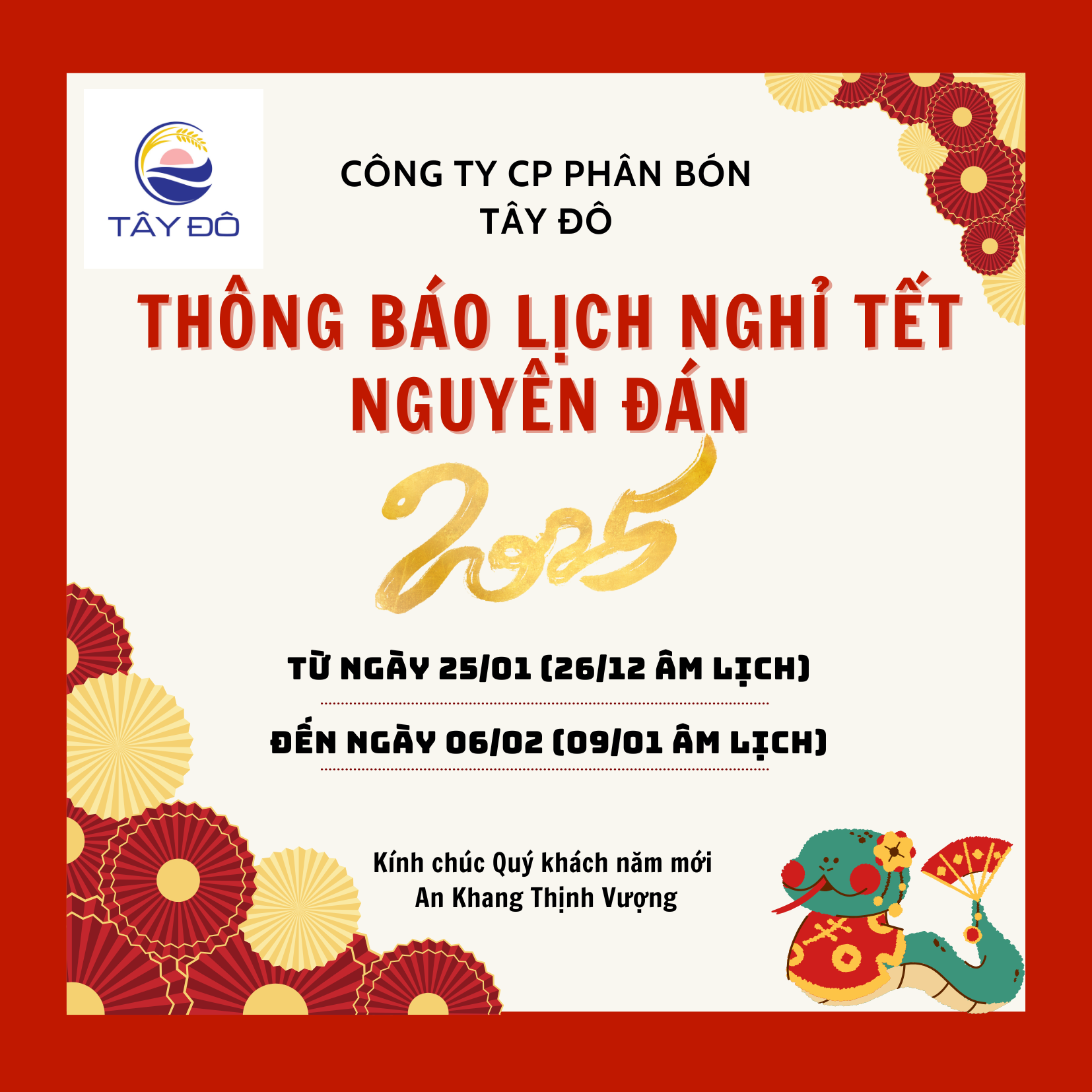 Thông báo lịch nghỉ tết Nguyên Đán Ất Tỵ 2025