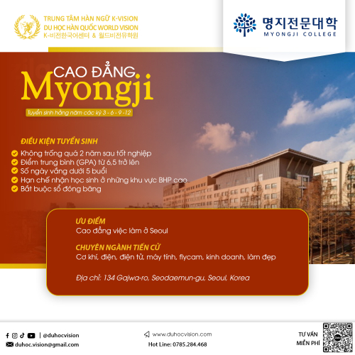TUYỂN SINH DU HỌC HỆ TIẾNG TRƯỜNG CAO ĐẲNG MYONGJI (TOP 2) – KỲ THÁNG 09/2023