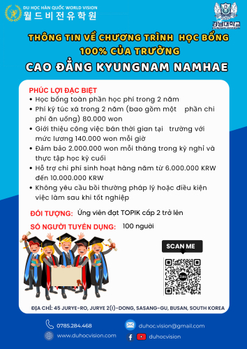 🔴  Thông tin về chương trình học bổng 100% của Cao Đẳng Kyungnam Namhae 🔴