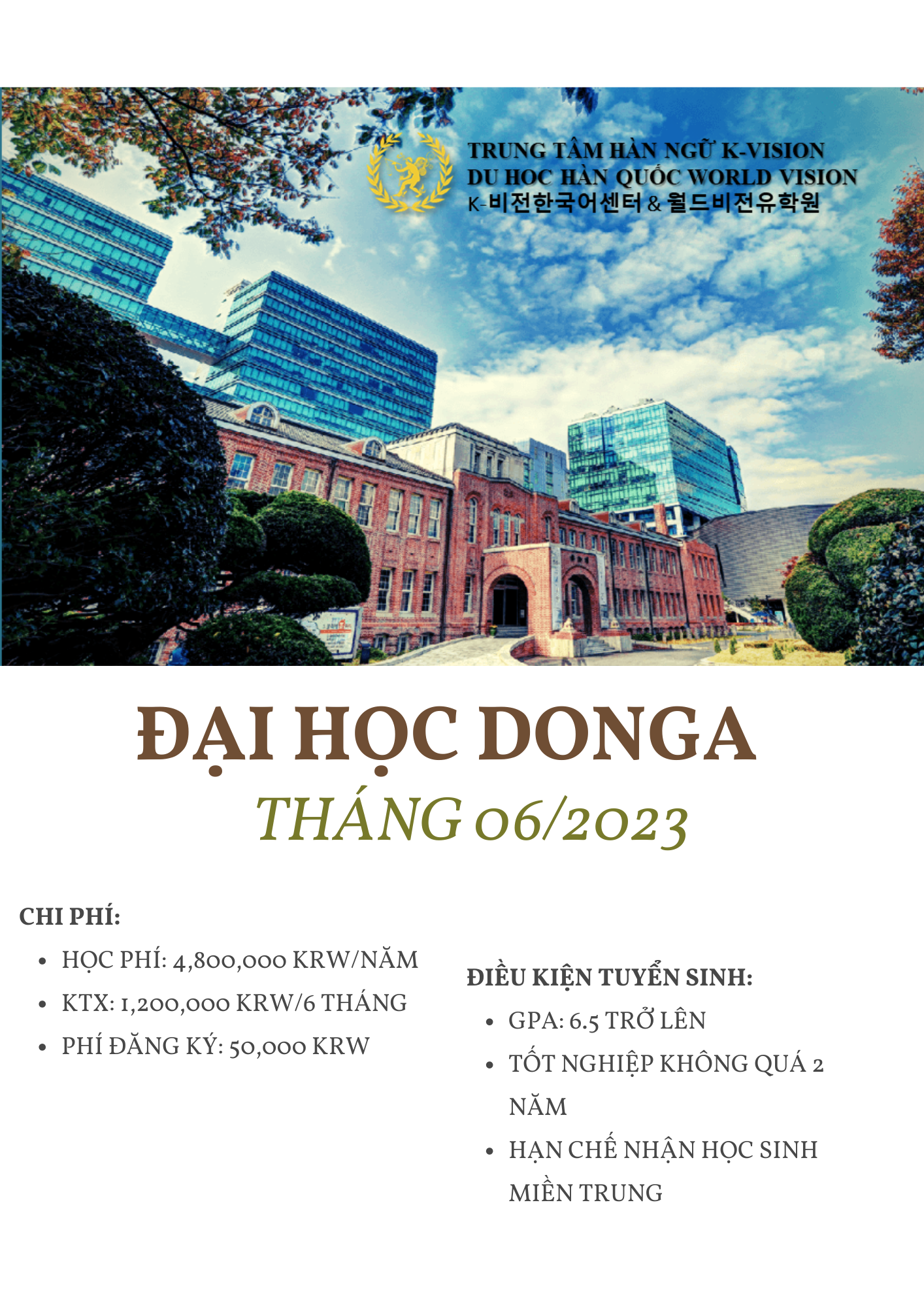 TUYỂN SINH DU HỌC HỆ TIẾNG TRƯỜNG ĐẠI HỌC DONG A - KỲ THÁNG 6-