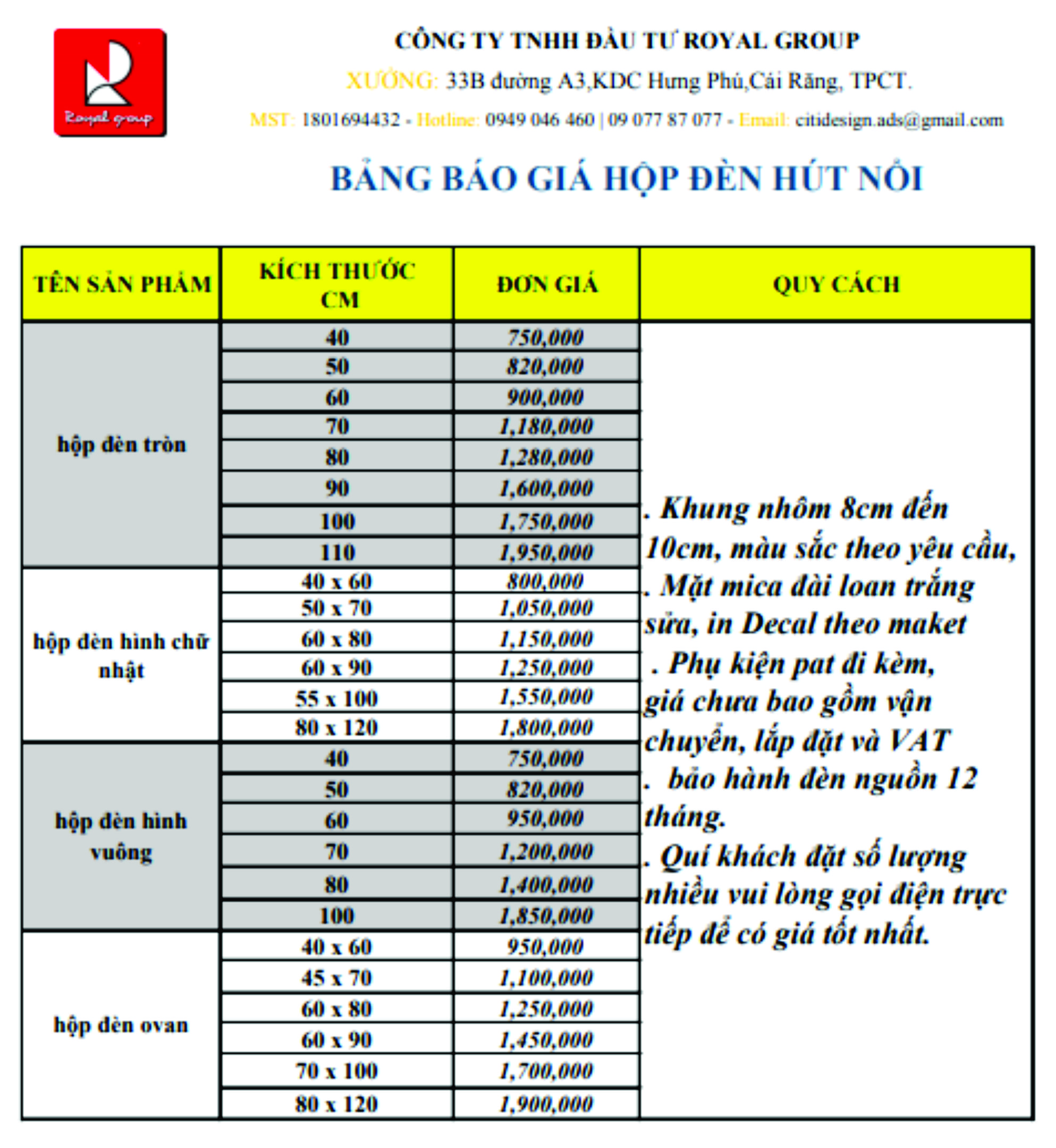 bang bao gia hop den hut noi can tho quang cao hoang gia