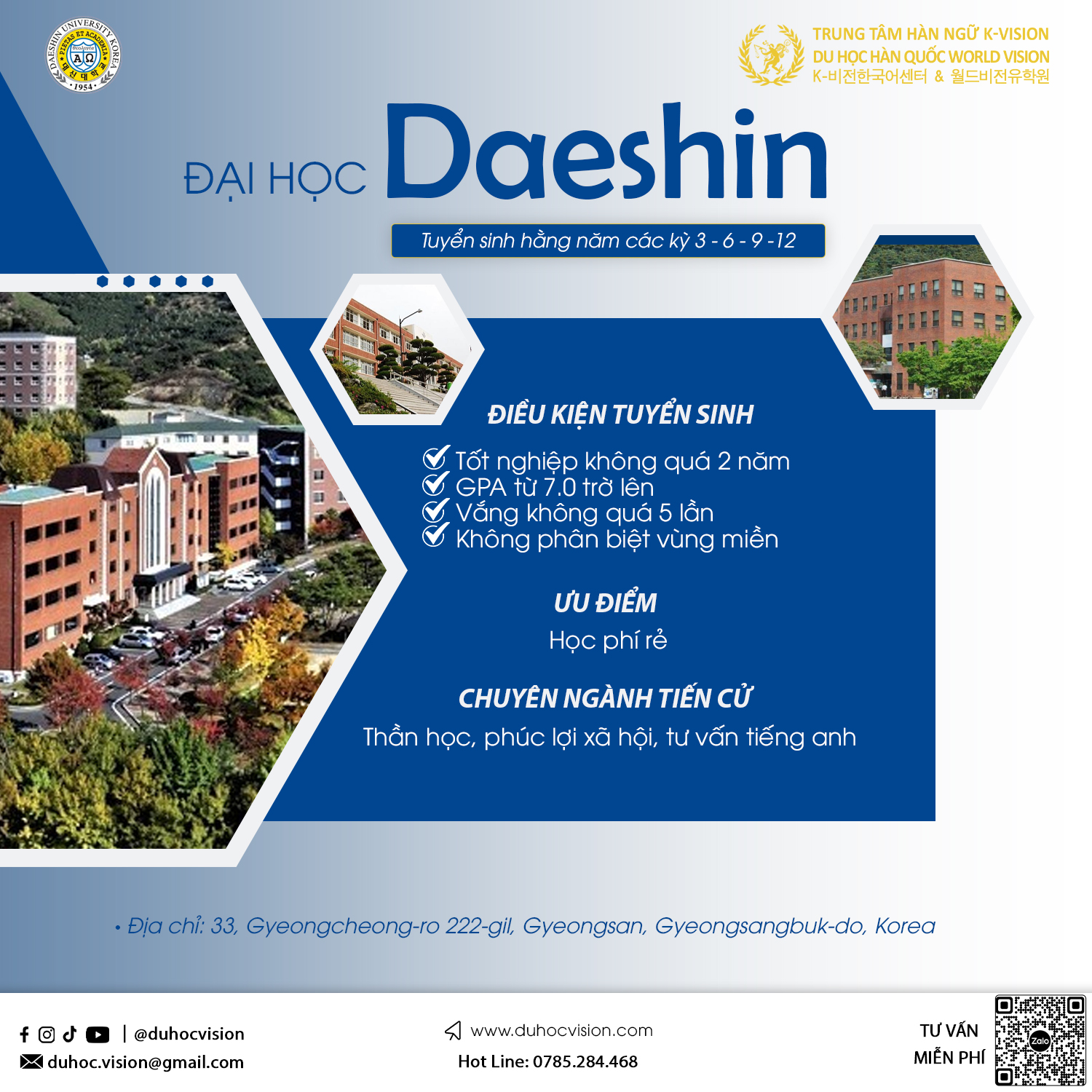 TUYỂN SINH DU HỌC HỆ TIẾNG TRƯỜNG ĐẠI HỌC DAESHIN (TOP 3) – KỲ THÁNG 09/2023