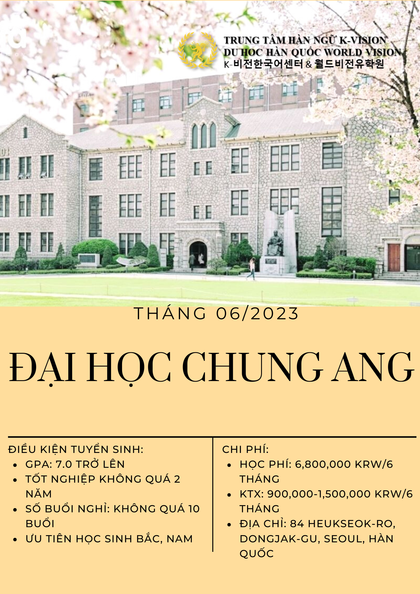 TUYỂN SINH HỆ DU HỌC TIẾNG TRƯỜNG ĐẠI HỌC CHUNG ANG - KỲ THÁNG 06/2023